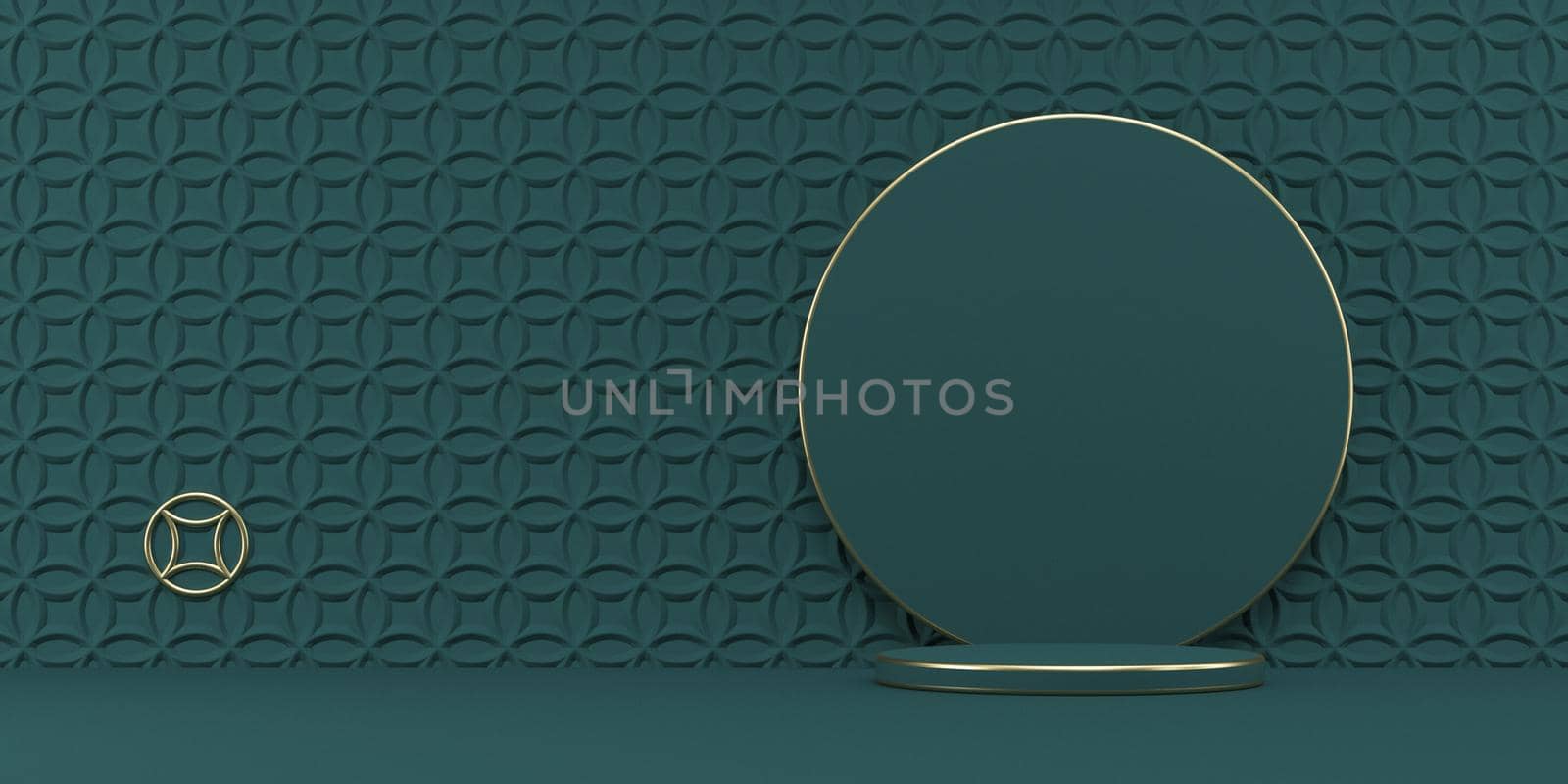 Mock up podium for product presentation circle with textured wall 3D render illustration on green background