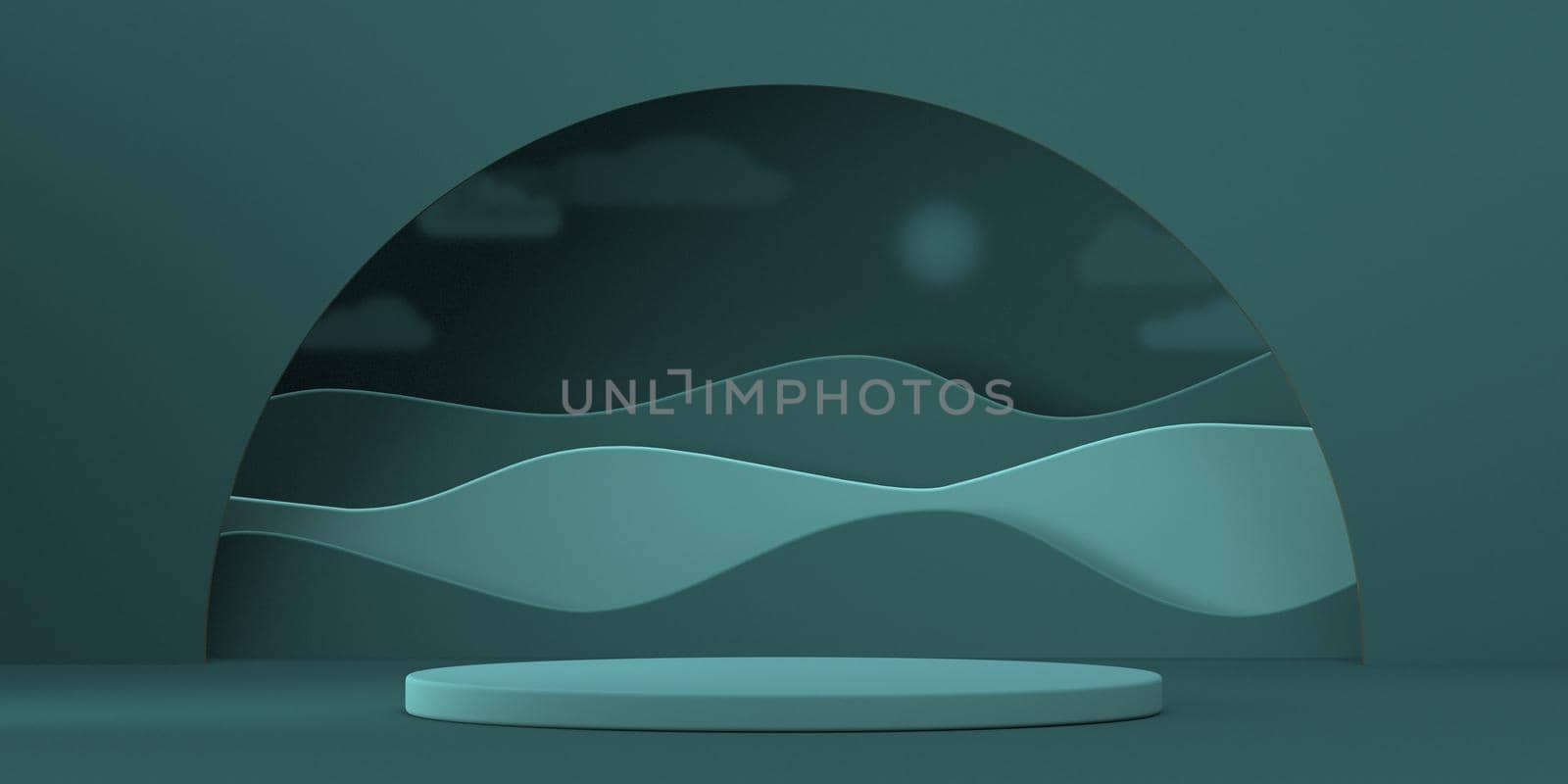 Mock up podium for product presentation abstract landscape in circle frame 3D by djmilic