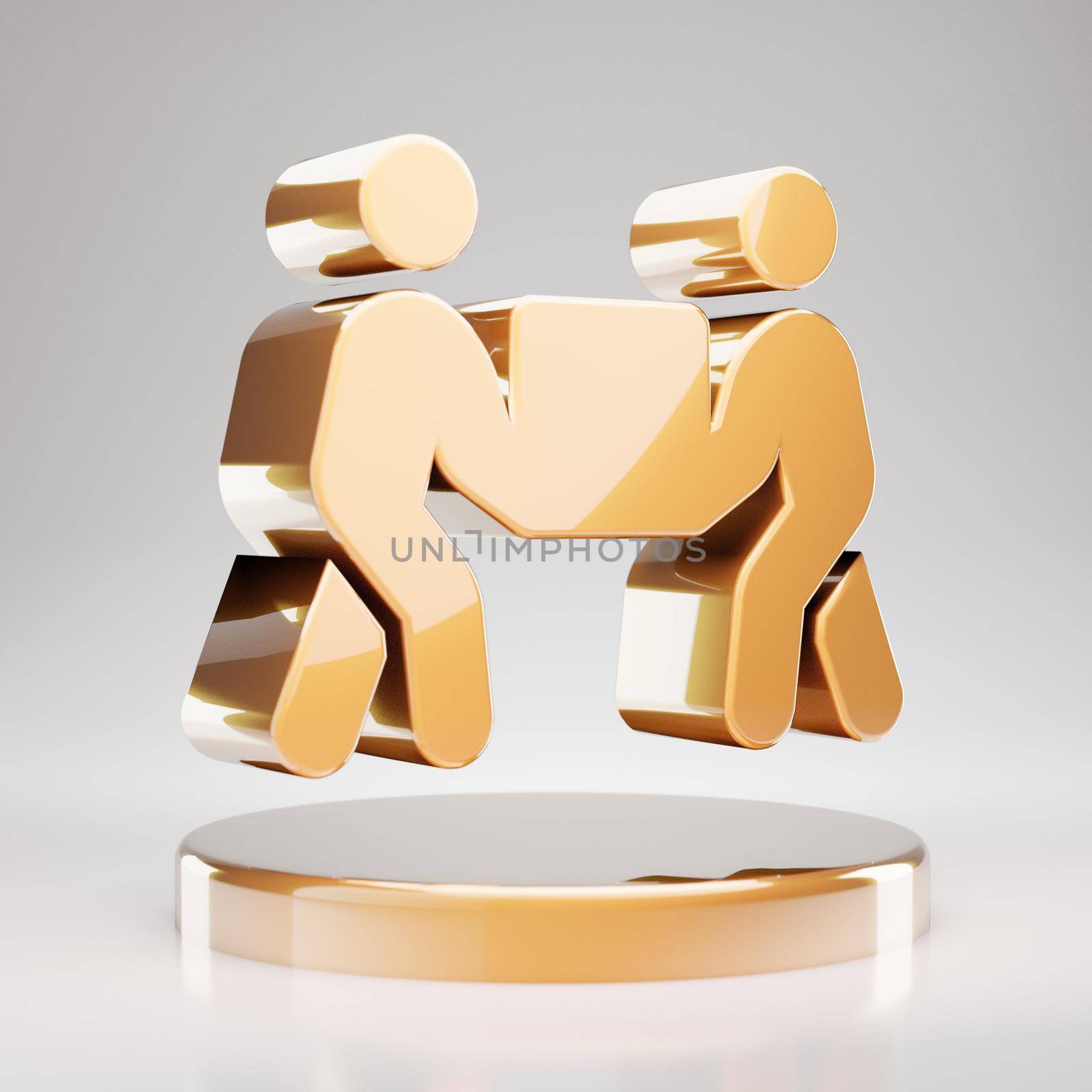 People Carry icon. Yellow Gold People Carry symbol on golden podium. 3D rendered Social Media Icon.