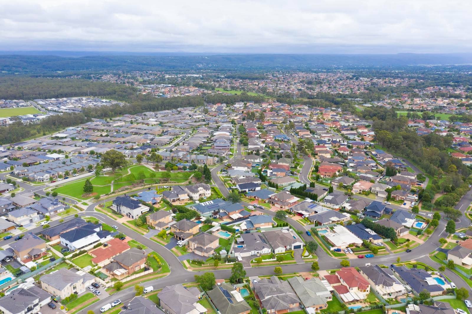 Aerial view of grey roofed houses in the suburb of Glenmore Park in New South Wales in Australia