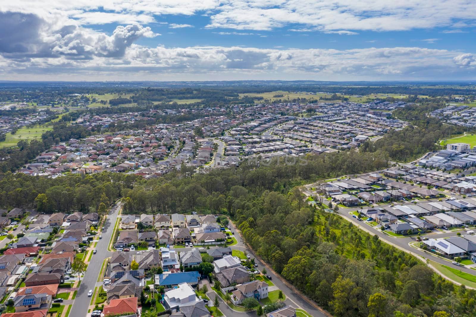 Aerial view of houses in the suburb of Glenmore Park in New South Wales in Australia