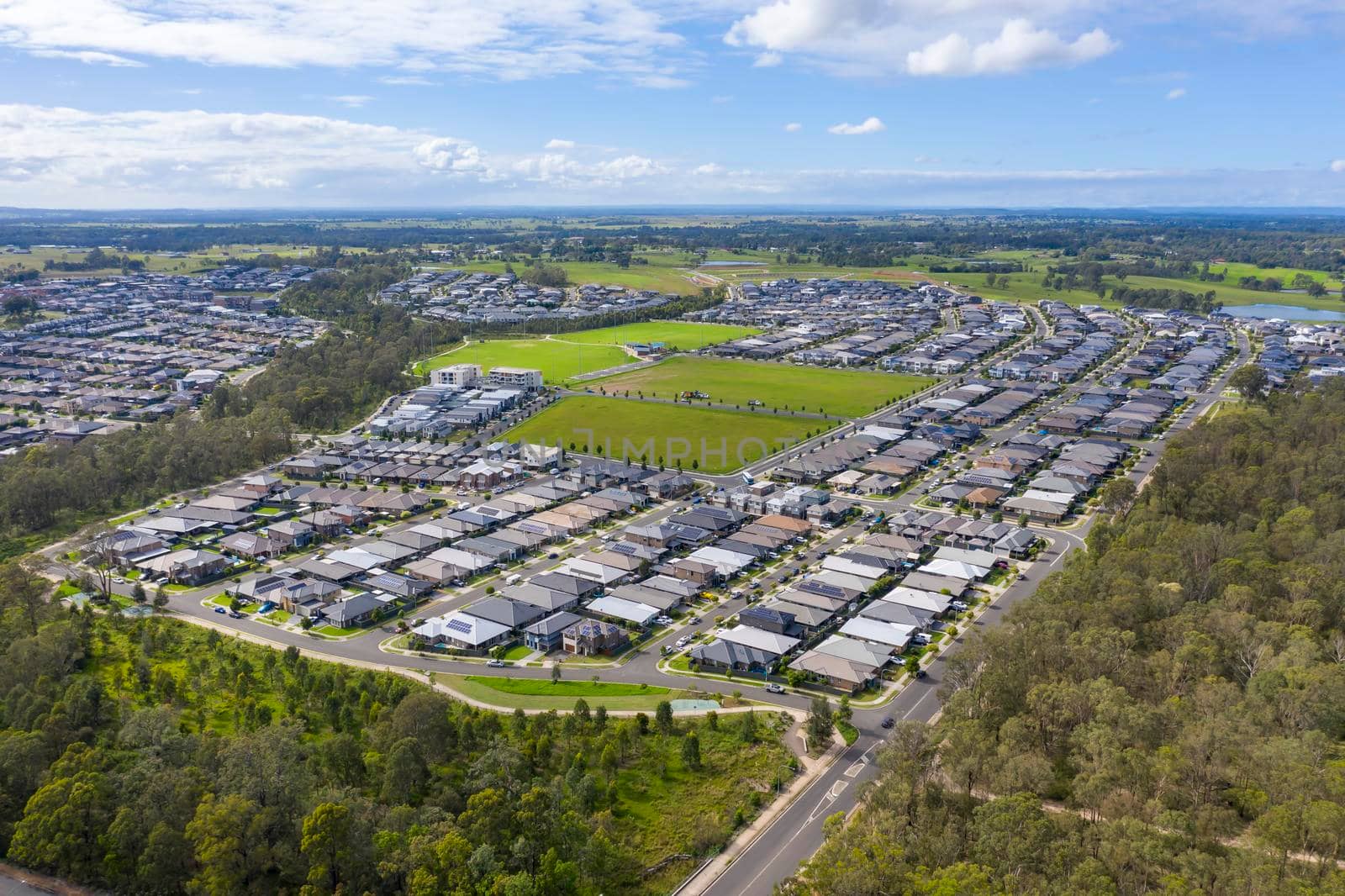 Aerial view of houses in the suburb of Glenmore Park in New South Wales in Australia