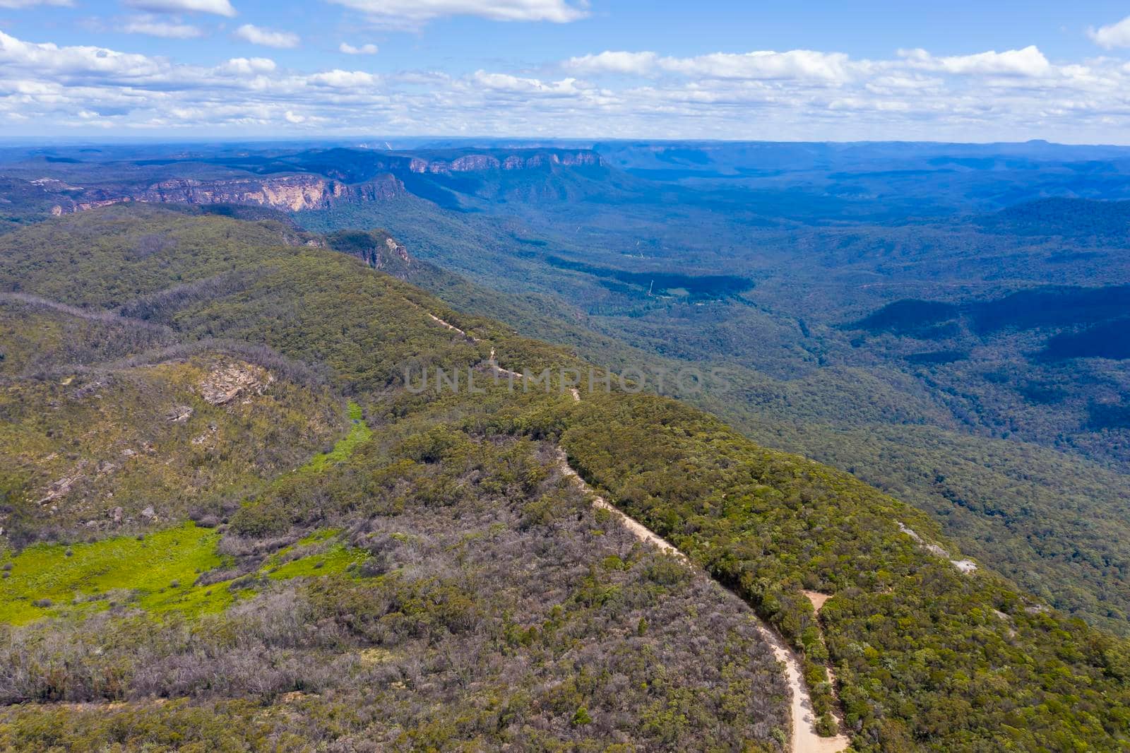 Aerial view of the Jamison Valley in The Blue Mountains in regional Australia by WittkePhotos