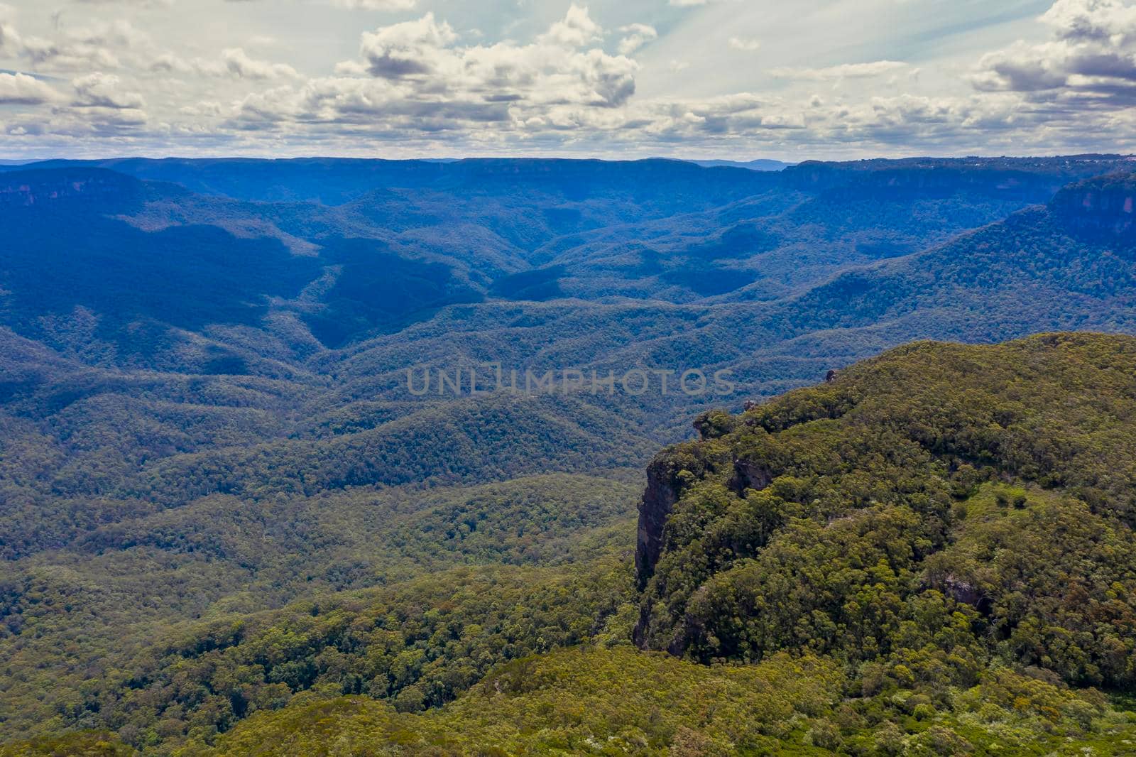 Aerial view of the Jamison Valley near Wentworth Falls in The Blue Mountains in regional New South Wales in Australia
