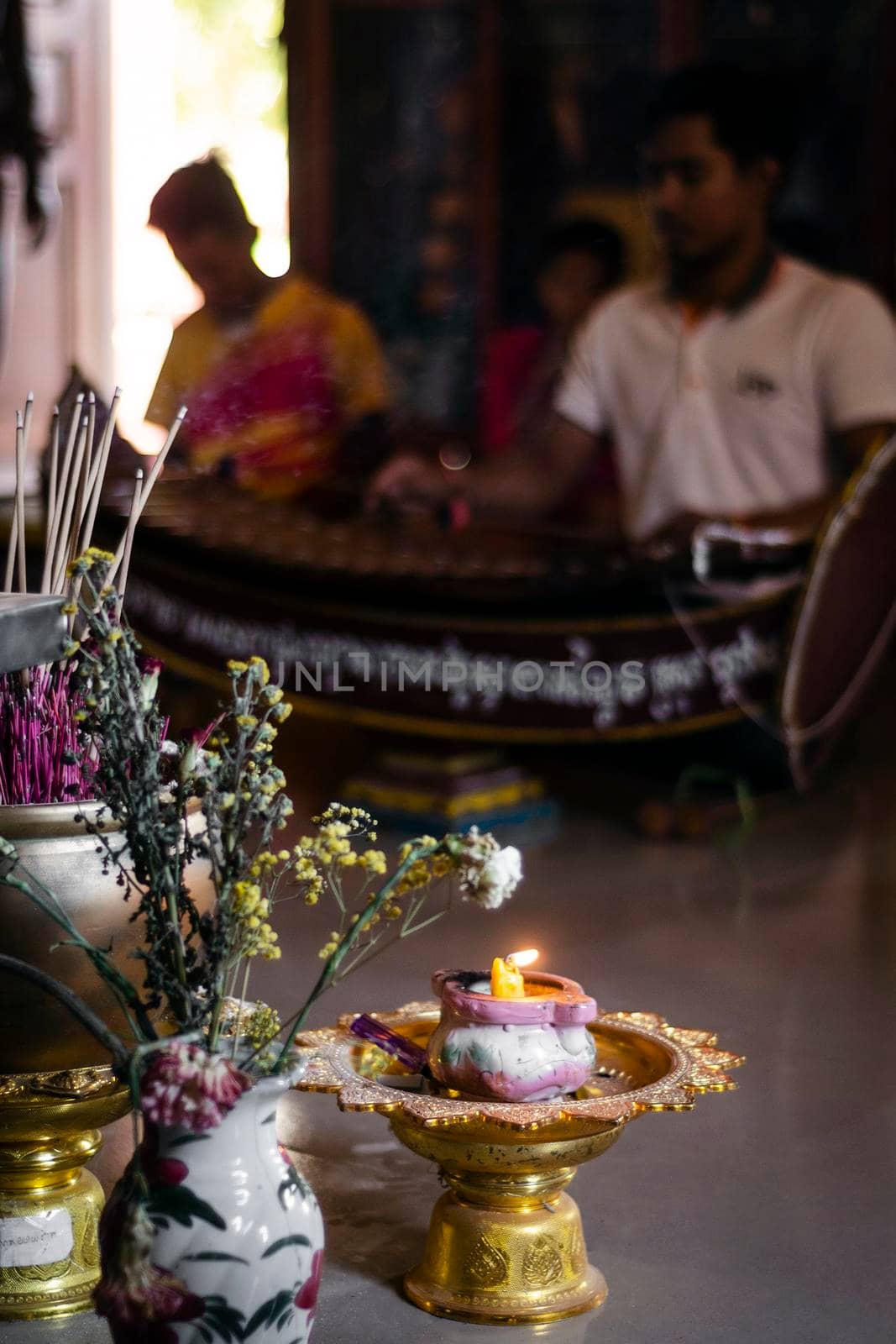 interior shrine detail at buddhist religious ceremony in UNESCO heritage Lakhon Khol site Wat Svay Andet temple in Kandal Province Cambodia