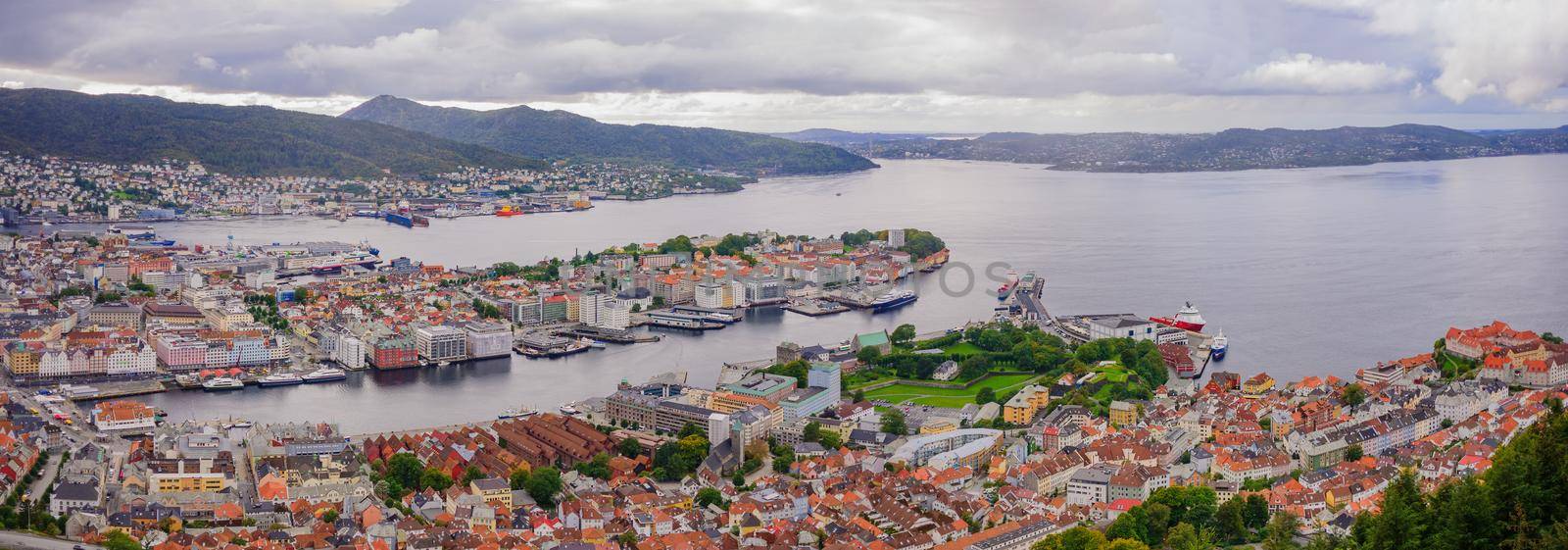 Panoramic views of the old city of Bergen and nearby fjords. Norway