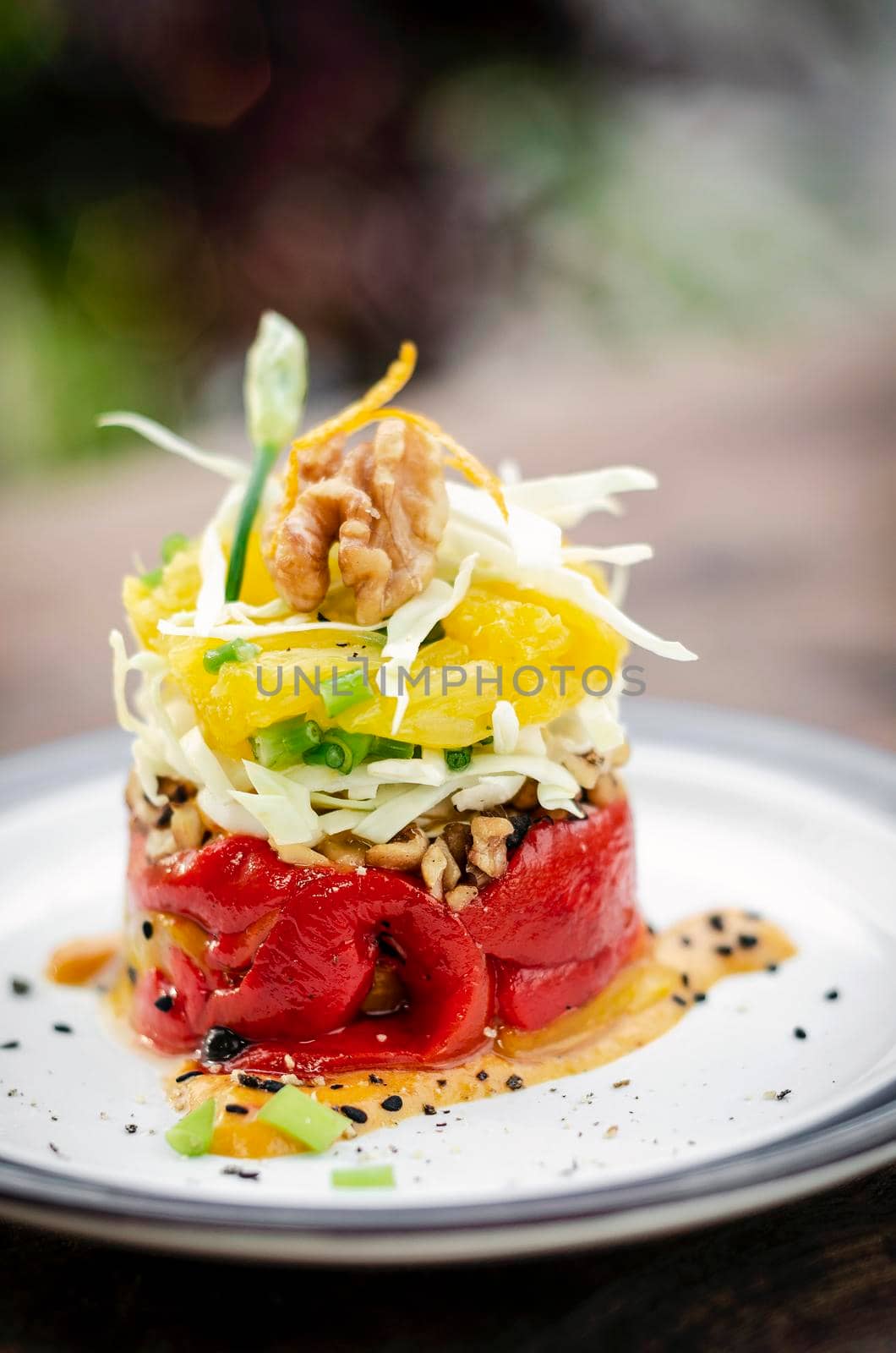 roasted red bell pepper with orange quinoa and walnut healthy vegan tapas appetizer snack