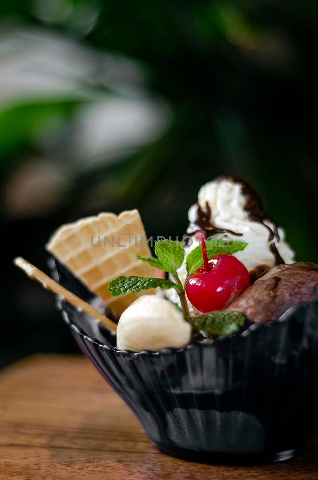 gourmet organic chocolate and strawberry ice cream sundae dessert by jackmalipan