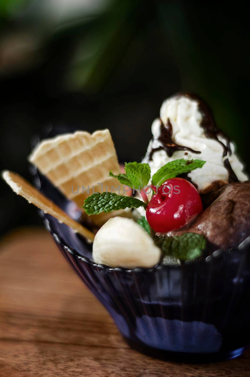gourmet organic chocolate and strawberry ice cream sundae dessert by jackmalipan