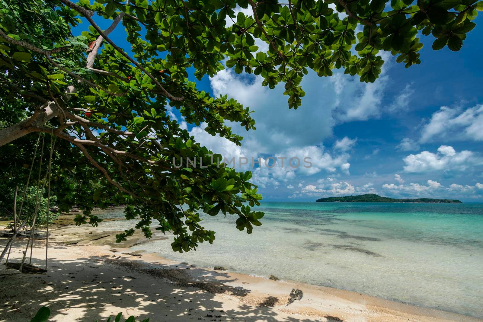 wood swing on empty beach in koh ta kiev paradise island near sihanoukville in cambodia