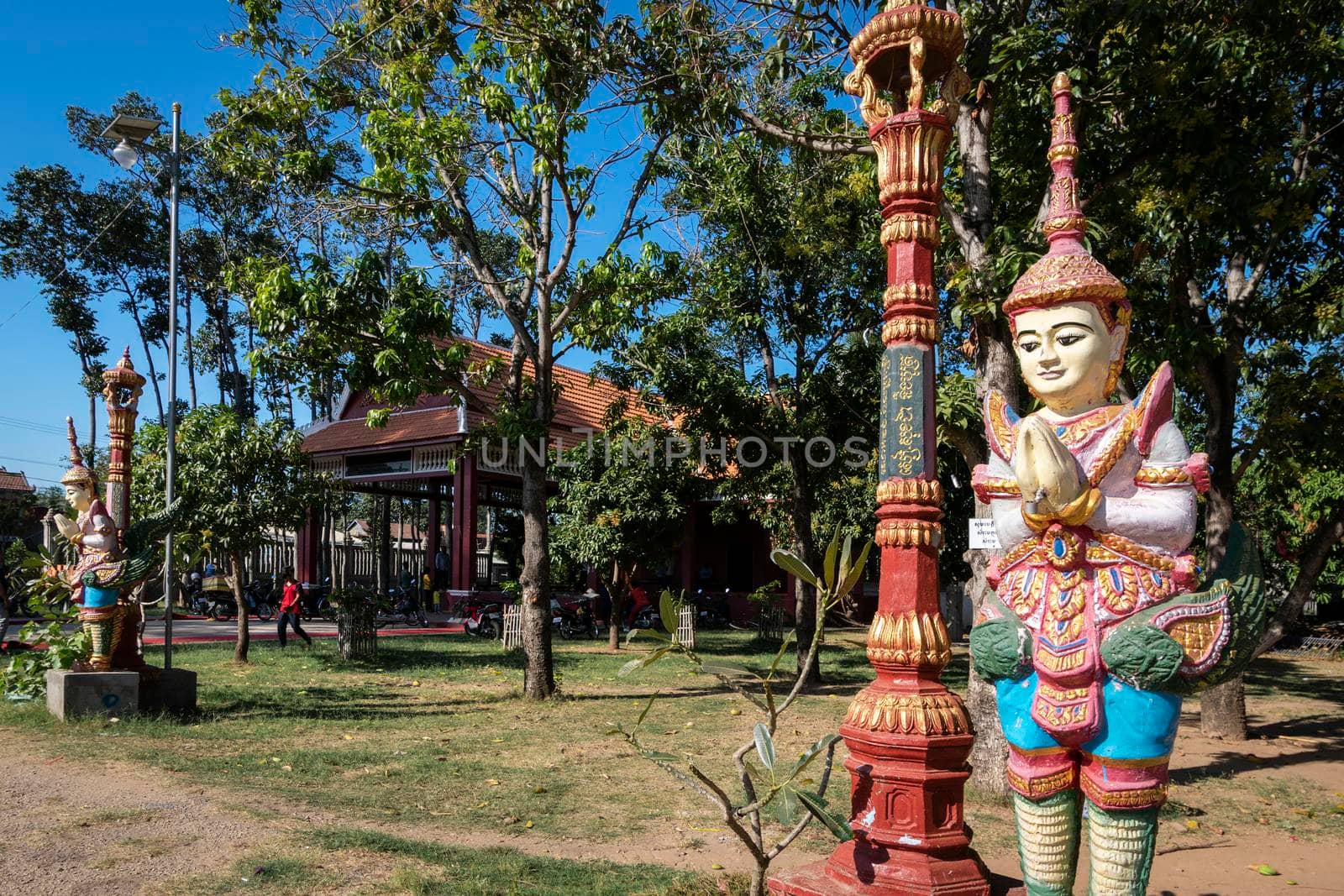 buddhist religious Khmer statue outdoor at Wat Svay Andet UNESCO Lakhon Khol heritage temple in Kandal Province Cambodia