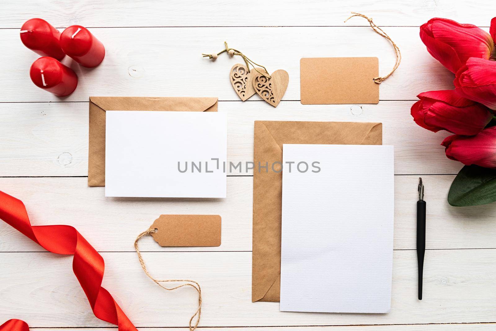 Valentines Day. Blank greeting cards with envelopes and red ribbons mock up template for Valentines Day