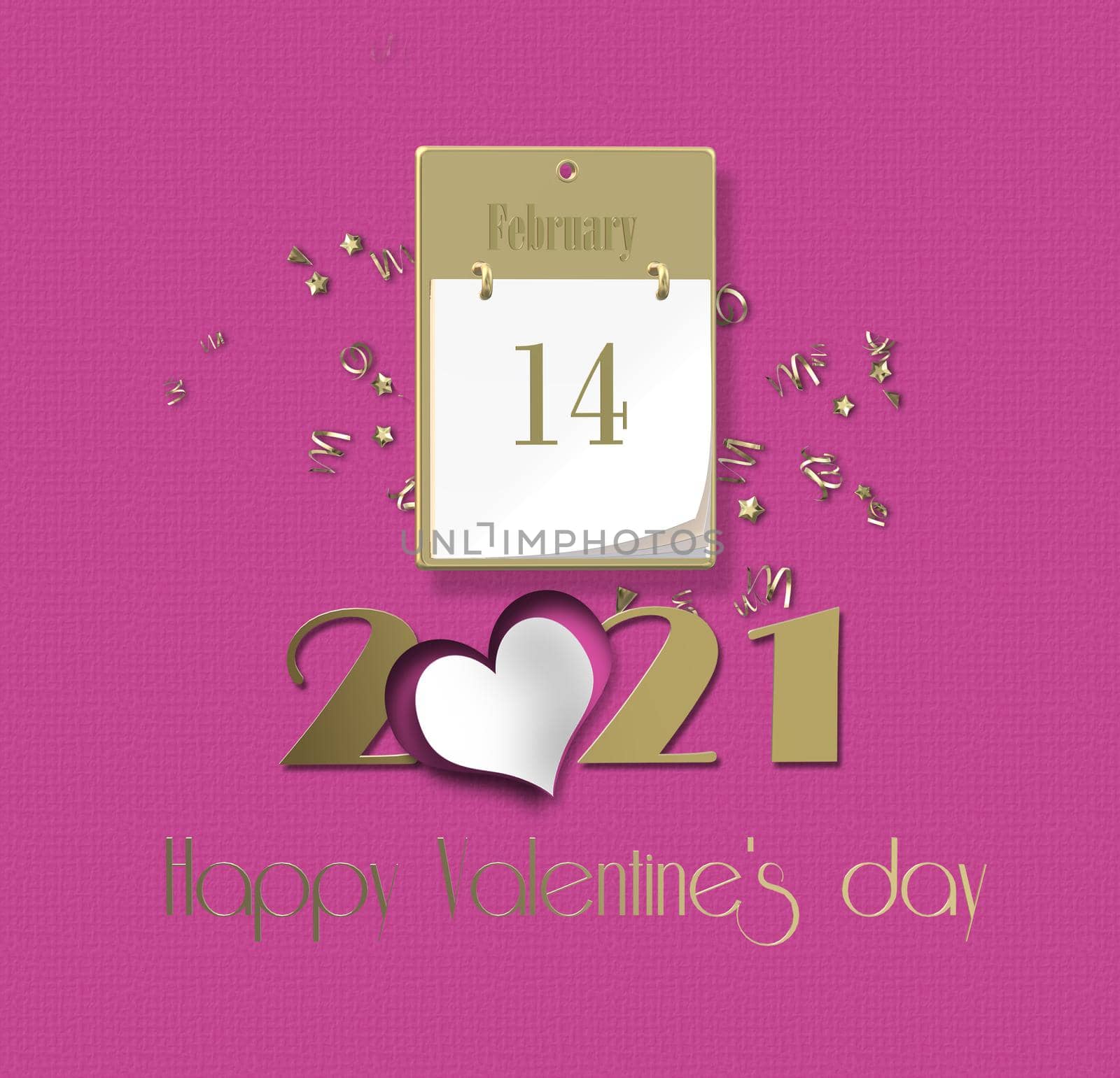 Elegant pink Valentine's card 2021. Digit 2021, calendar, 14 February on pink background. 3D render