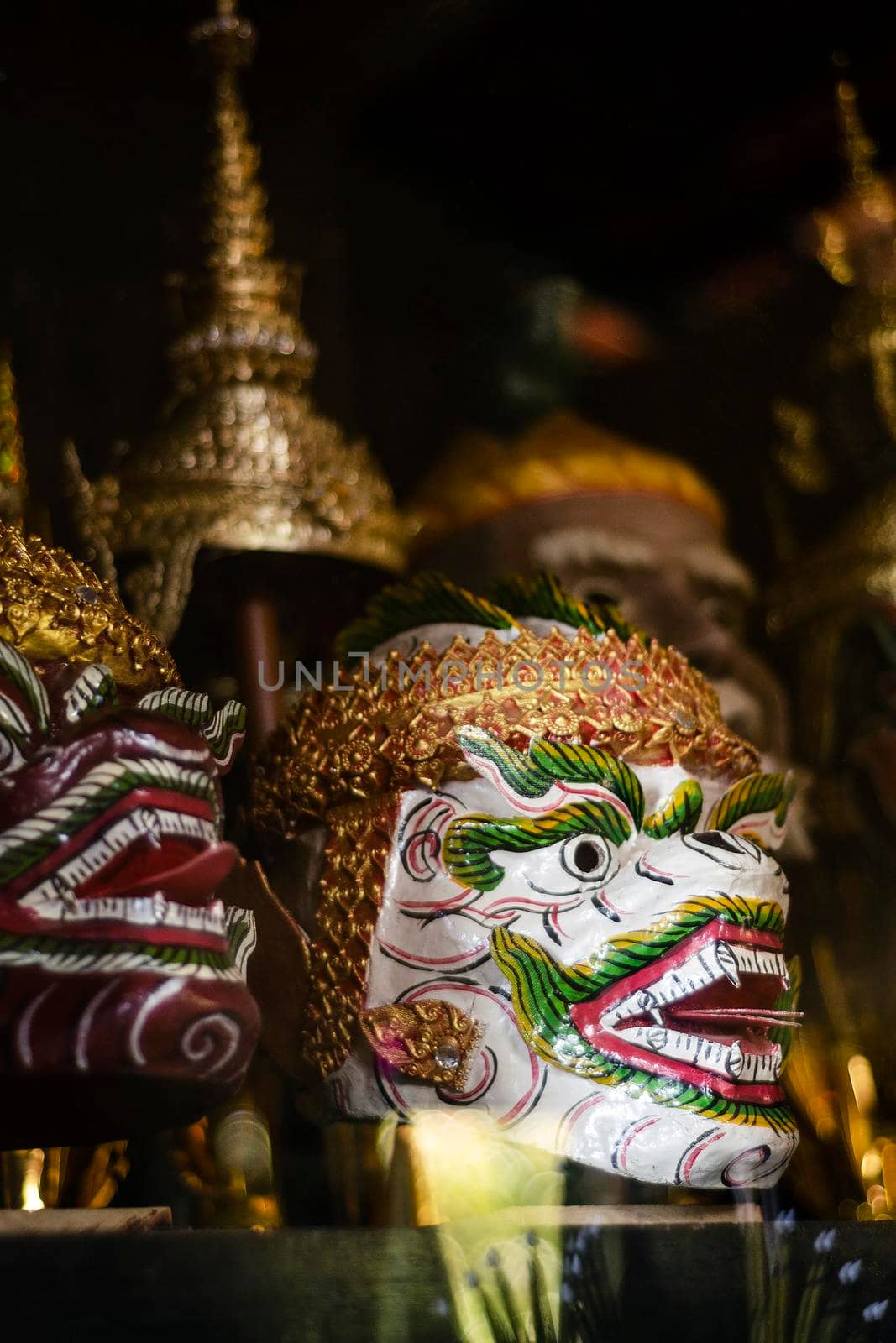 traditional lakhon khol khmer dance masks in display at Wat Svay Andet pagoda near Phnom Penh Cambodia