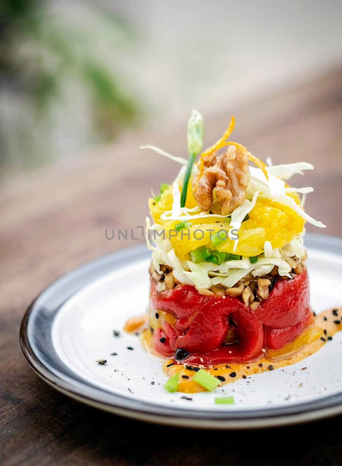 roasted red bell pepper with orange quinoa and walnut healthy vegan tapas appetizer snack