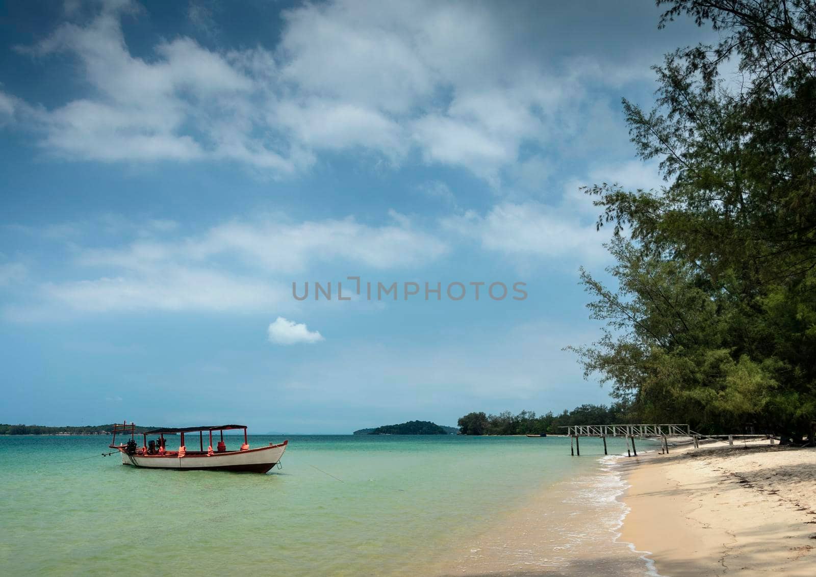 Tourist  boat in Long Beach on Koh Ta Kiev paradise island near Sihanoukville Cambodia