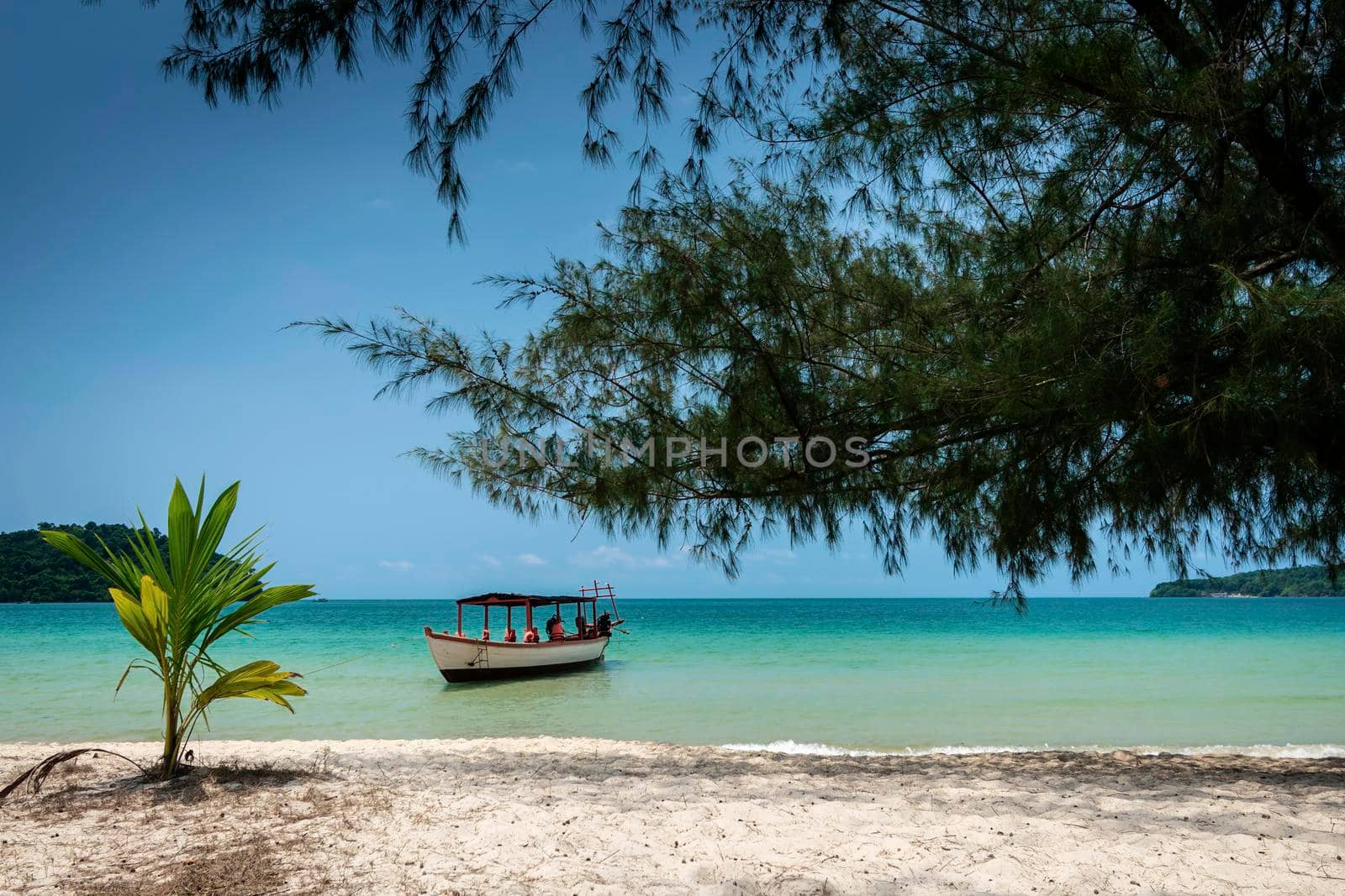 Tourist  boat in Long Beach on Koh Ta Kiev paradise island near Sihanoukville Cambodia