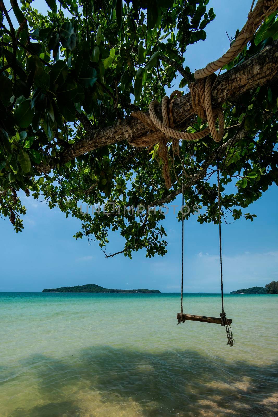 rustic rope swing in Long Beach on Koh Ta Kiev paradise island near Sihanoukville Cambodia