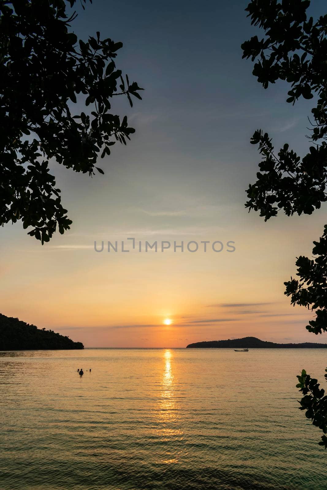 view from Koh Ta Kiev island  towards Koh Russei near Sihanoukville in Cambodia at sunset