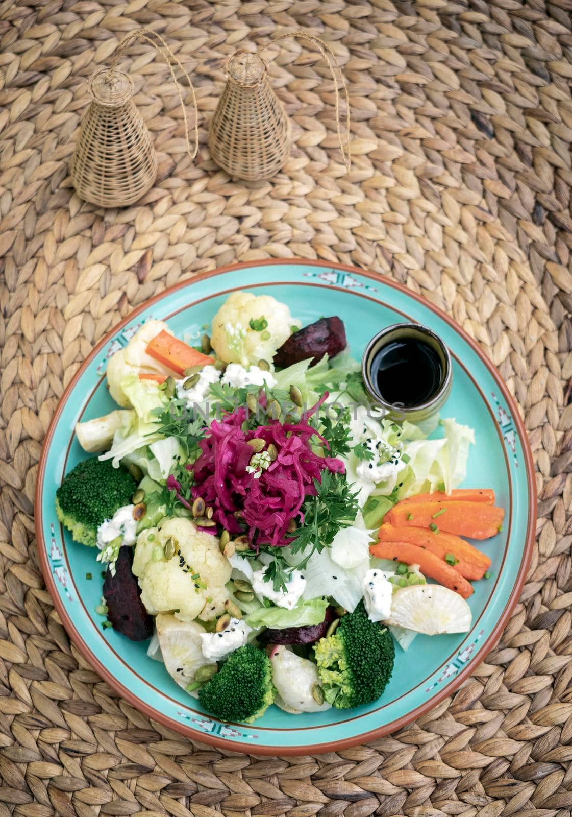 rustic cottage salad with healthy mixed steamed and fresh vegetables by jackmalipan