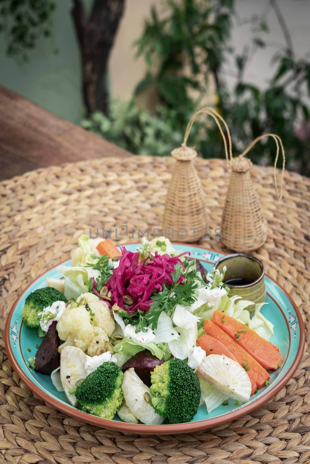 rustic cottage salad with healthy mixed steamed and fresh vegetables by jackmalipan