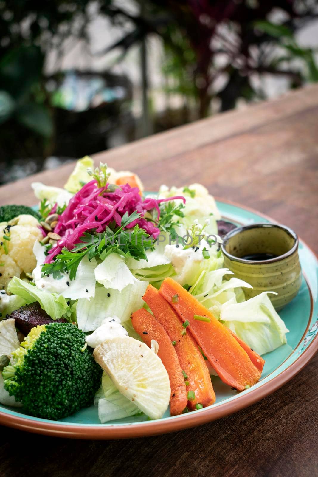 rustic cottage salad with healthy mixed steamed and fresh vegetables on colorful plate