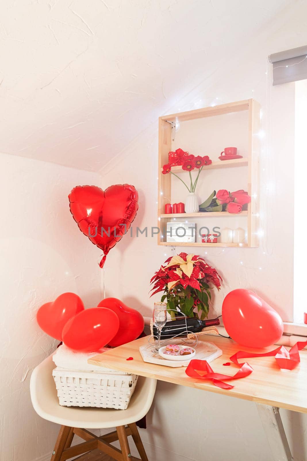 Bright white interior decorated for Valentines Day