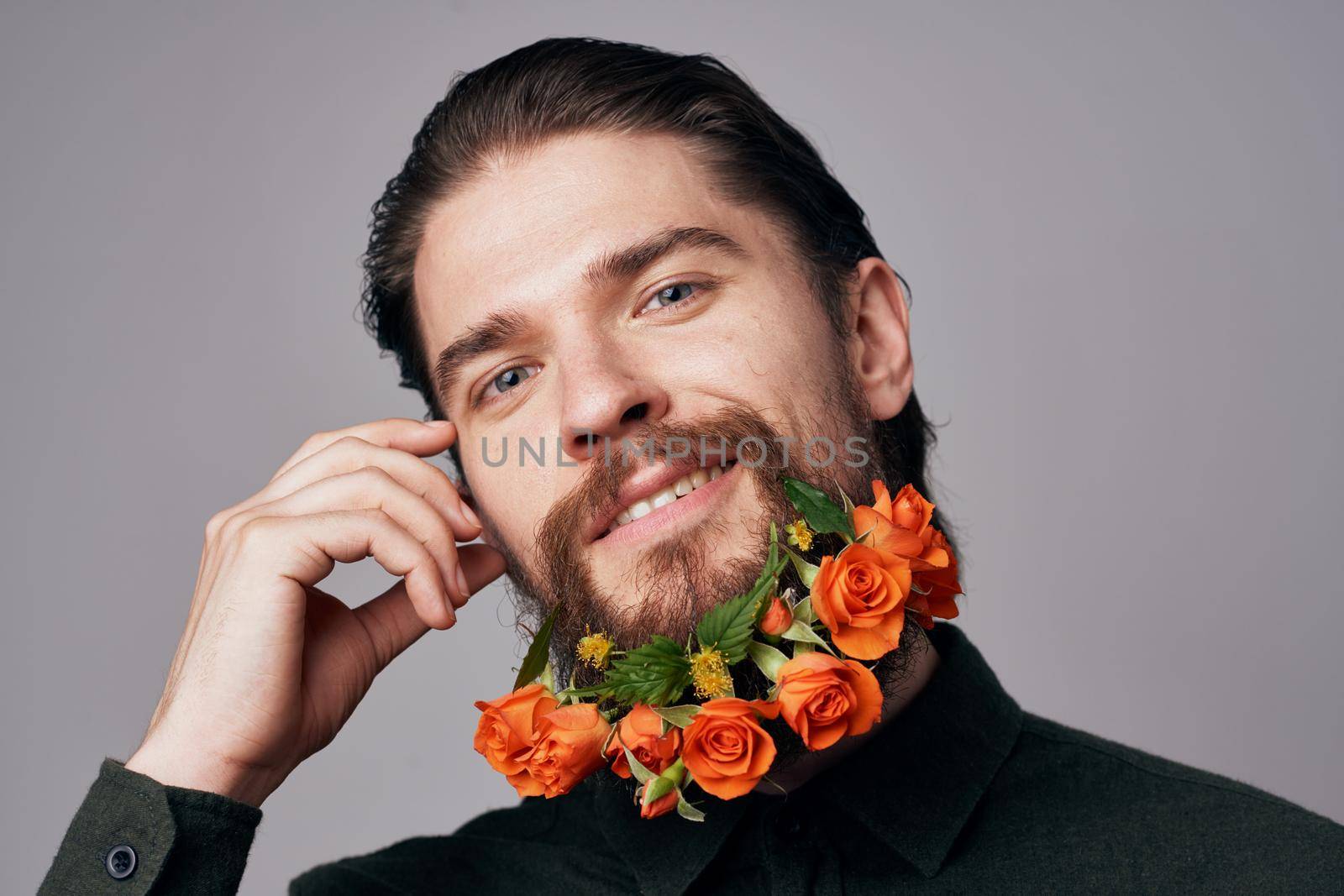 handsome man flowers in a beard black jacket elegant style romance by SHOTPRIME