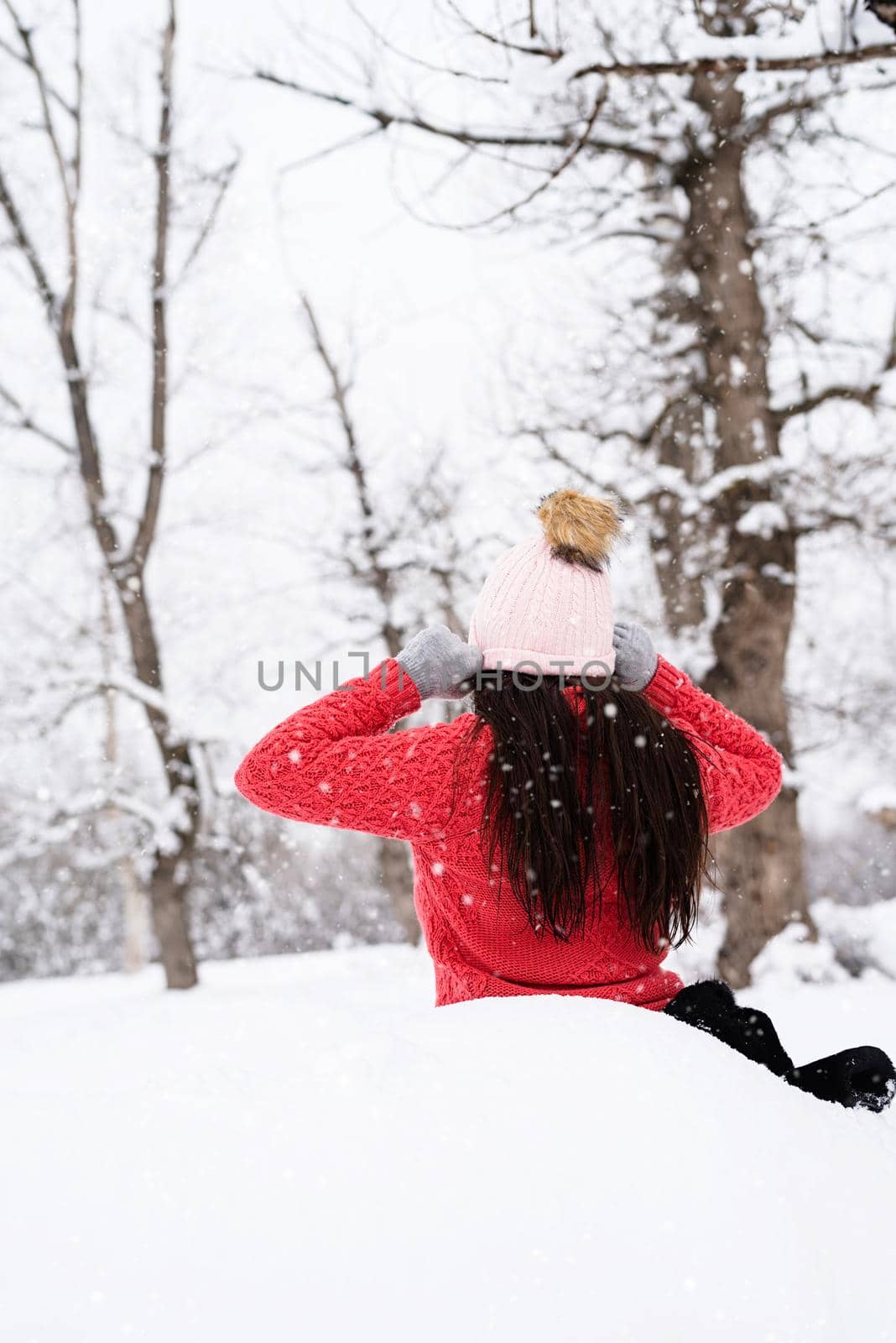 Rear view of brunette woman sitting in snowy park in snowfall by Desperada