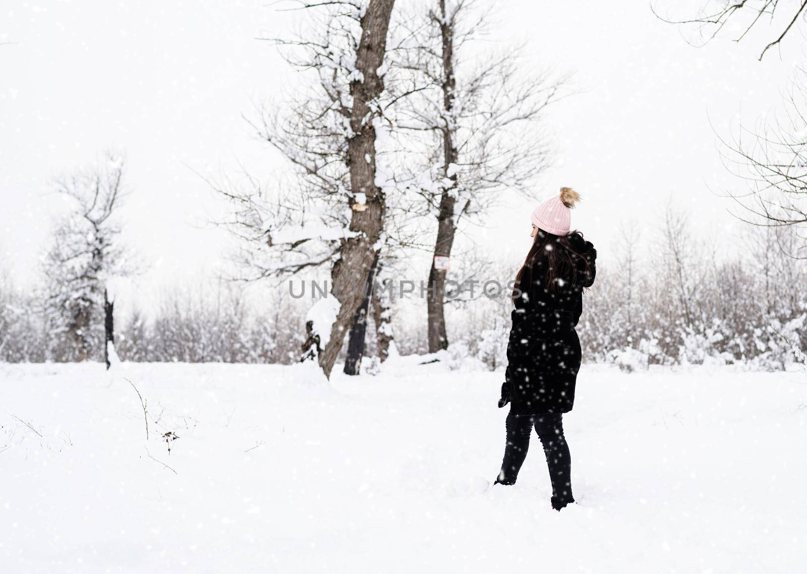Rear view of brunette woman walking in snowy park in snowfall by Desperada