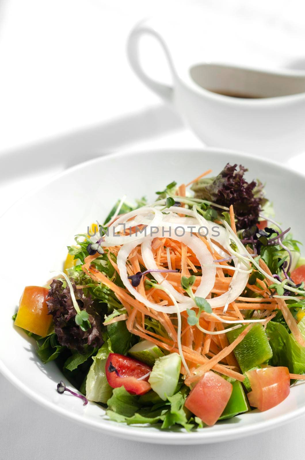 fresh organic mixed vegetable vegan Garden Salad with Vinaigrette sauce on white table