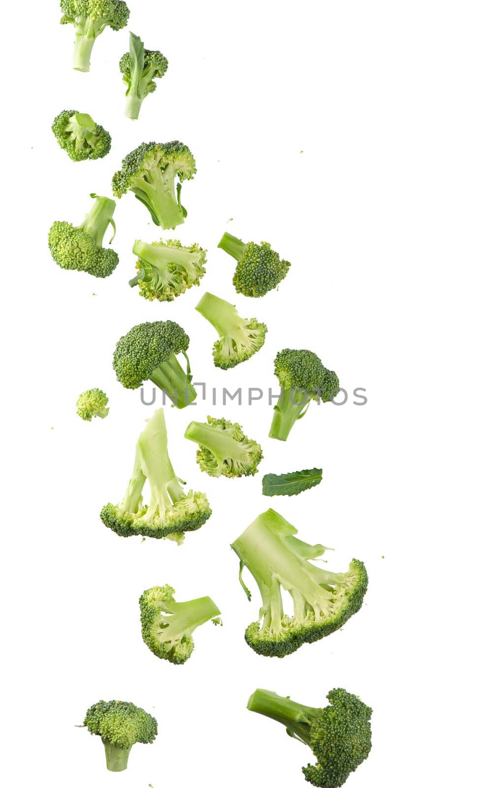 Broccoli pattern isolated on a white background. Various multiple parts of broccoli flower. by aprilphoto