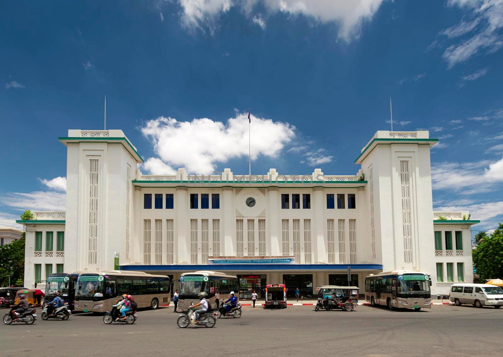 Railway station landmark french colonial architecture building exterior in Penh City Cambodia