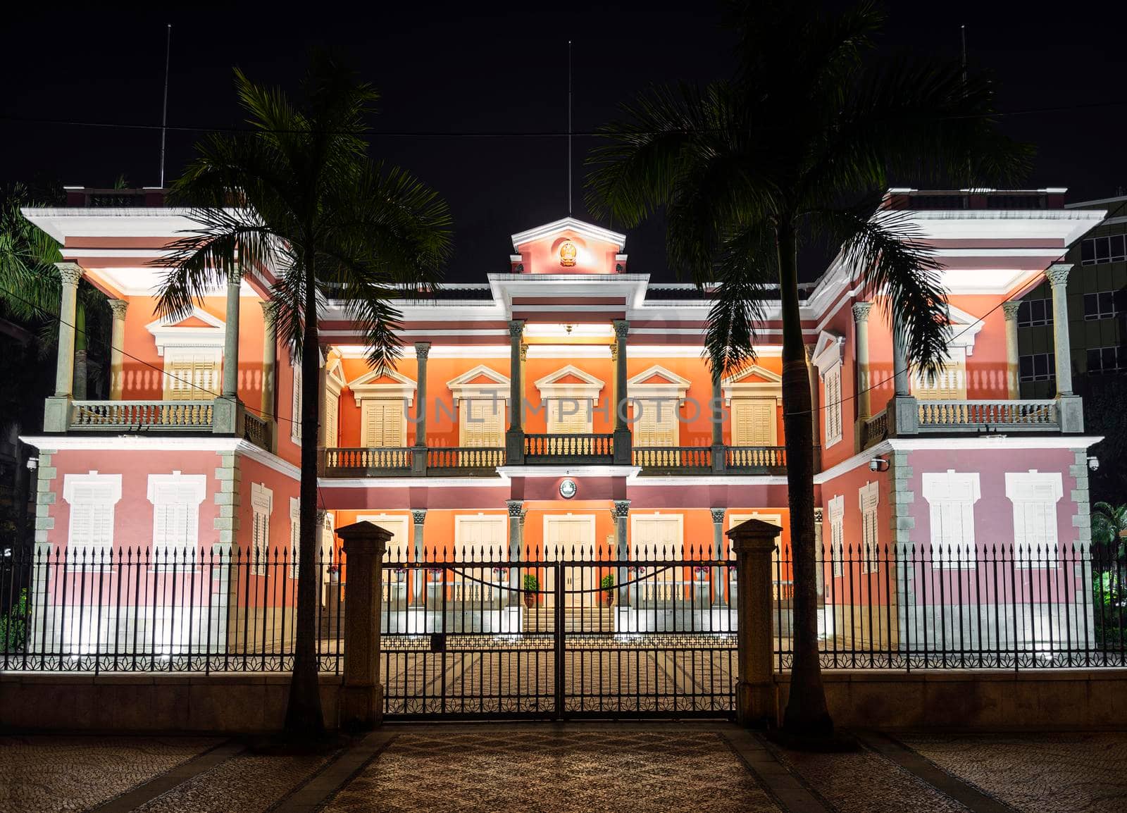 chinese government headquarters colonial heritage building landmark in macau city at night