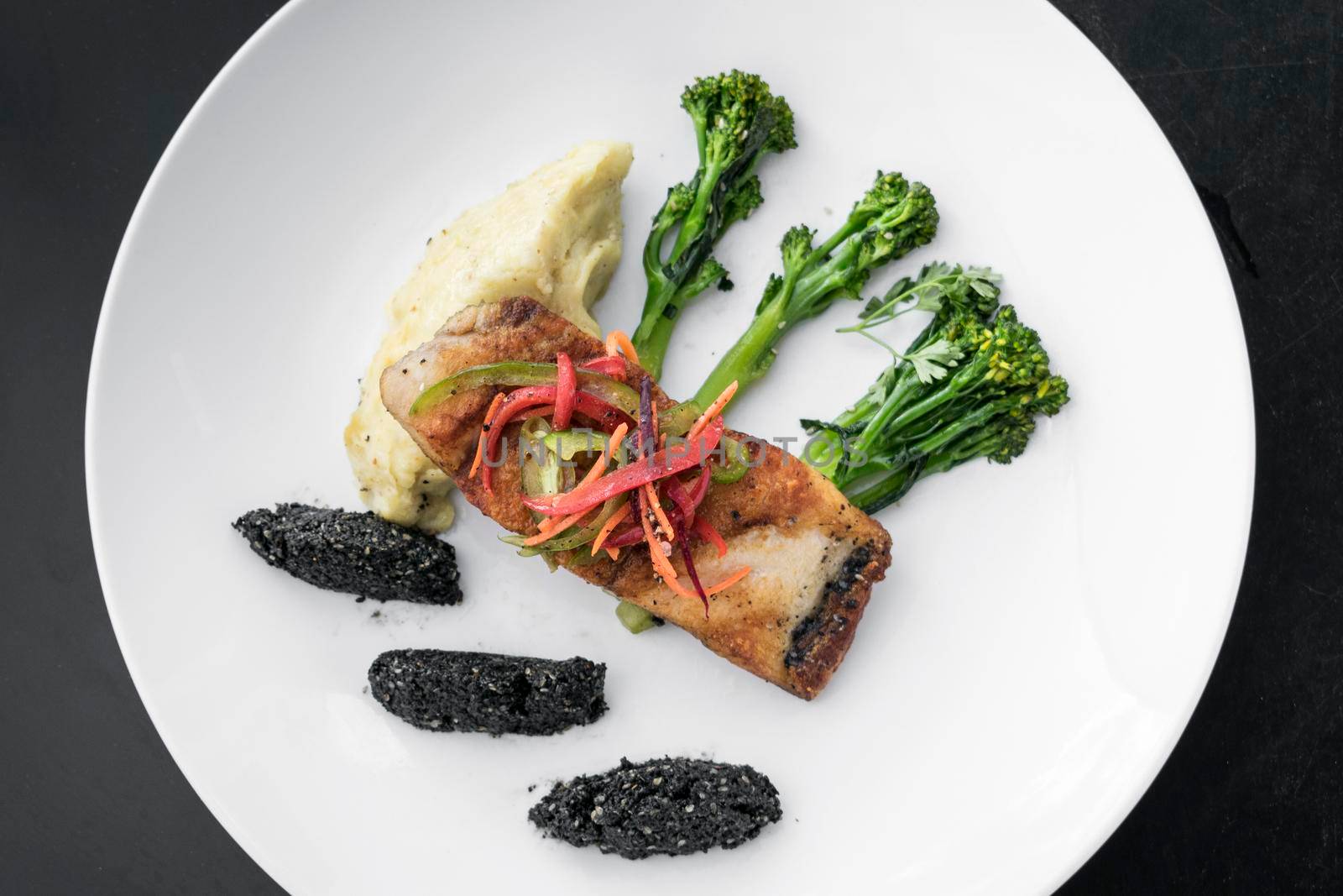 red snapper fish fillet with vegetables and black sesame rice by jackmalipan