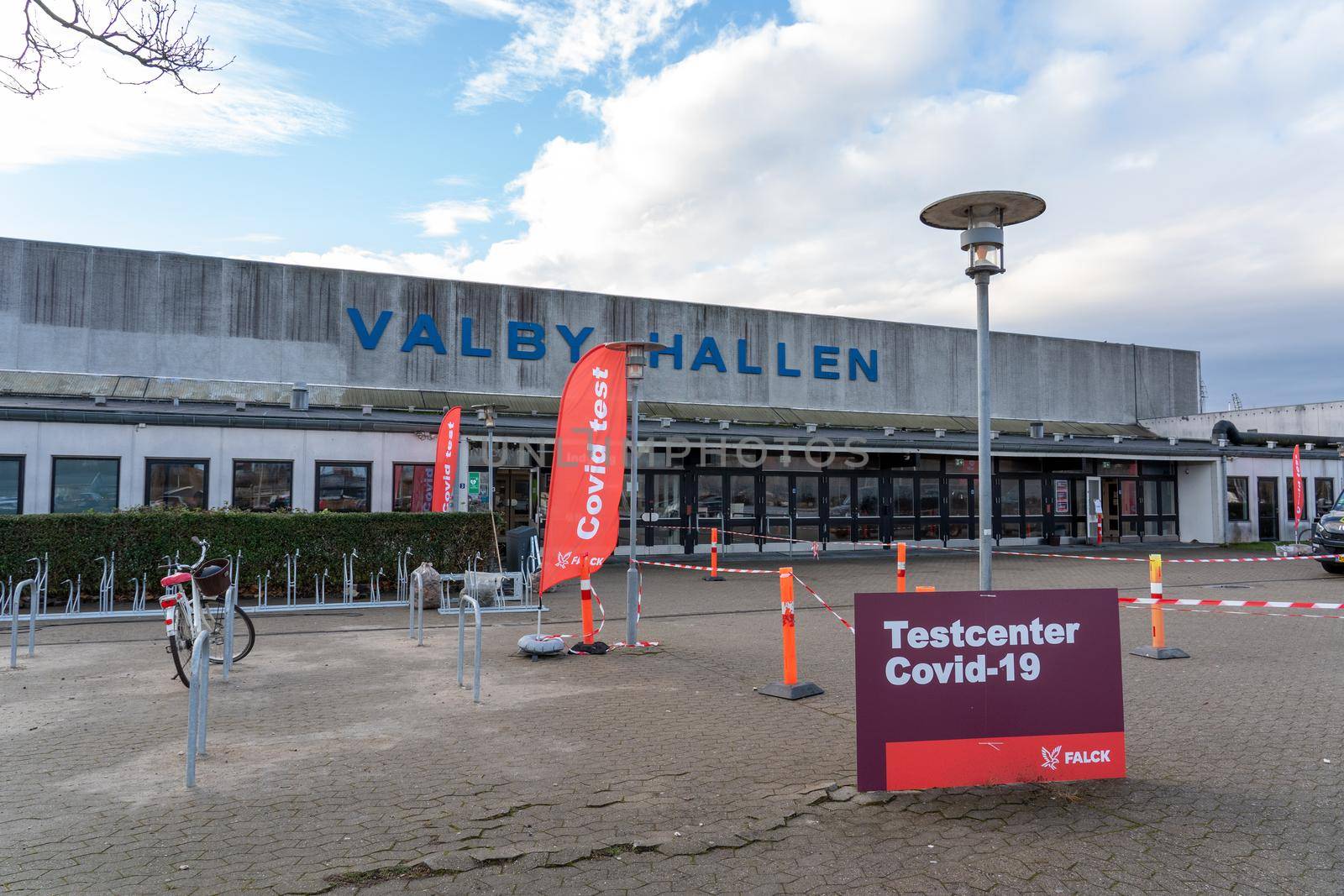 Copenhagen, Denmark - Januar 21, 2021: Entrance to the temporary Covid-19 test facility in Valby Hallen.