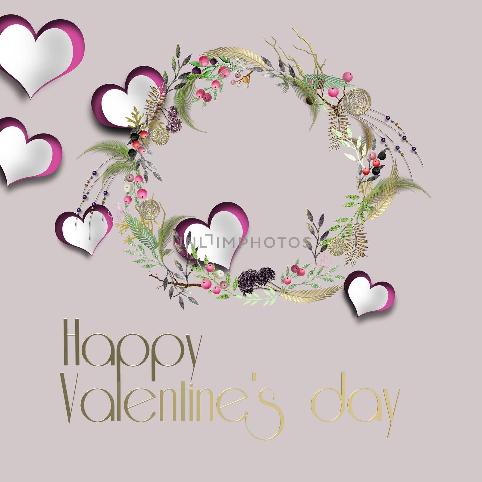 Pretty romantic pastel Valentine card. Gold text Happy Valentine's day. Paper hearts floral wreath. 3D render