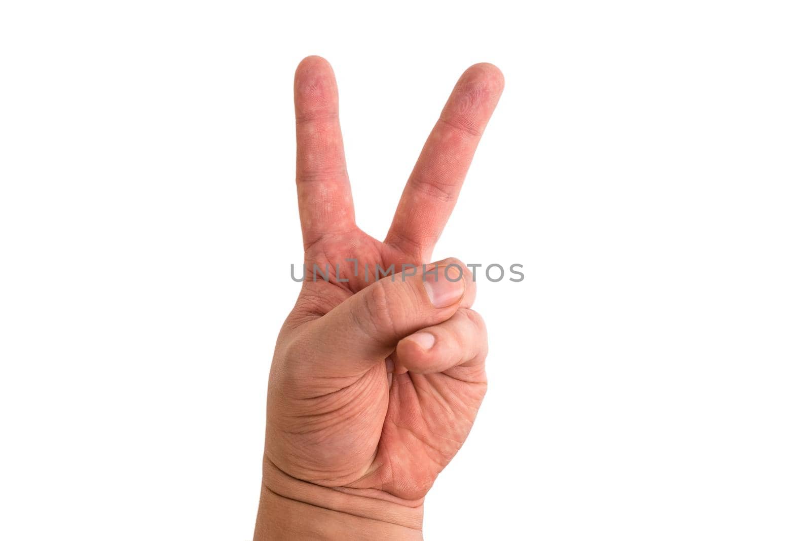 Hand gesture signifying victory or the letter V, as well as communication between people on a white background