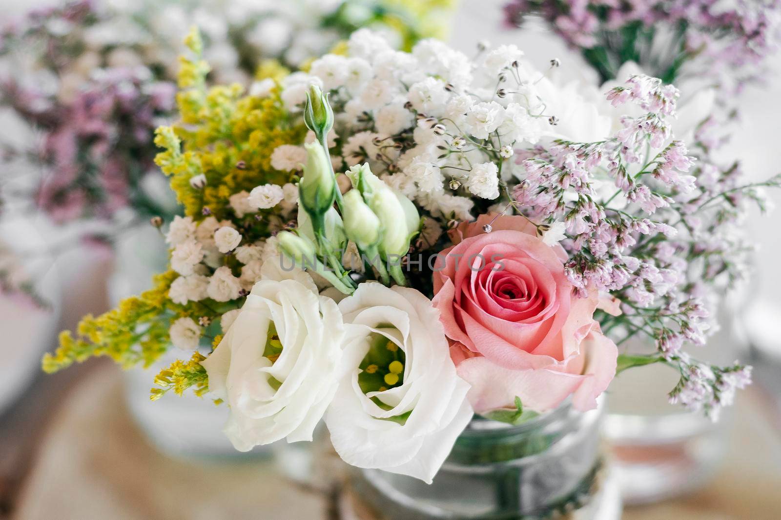 flowers arrangement and decoration rustic interior design in wedding table detail