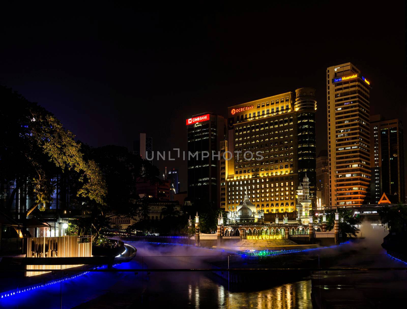 River of Life riverfront area with  Jamek Mosque landmark in central Kuala Lumpur city Malaysia at night