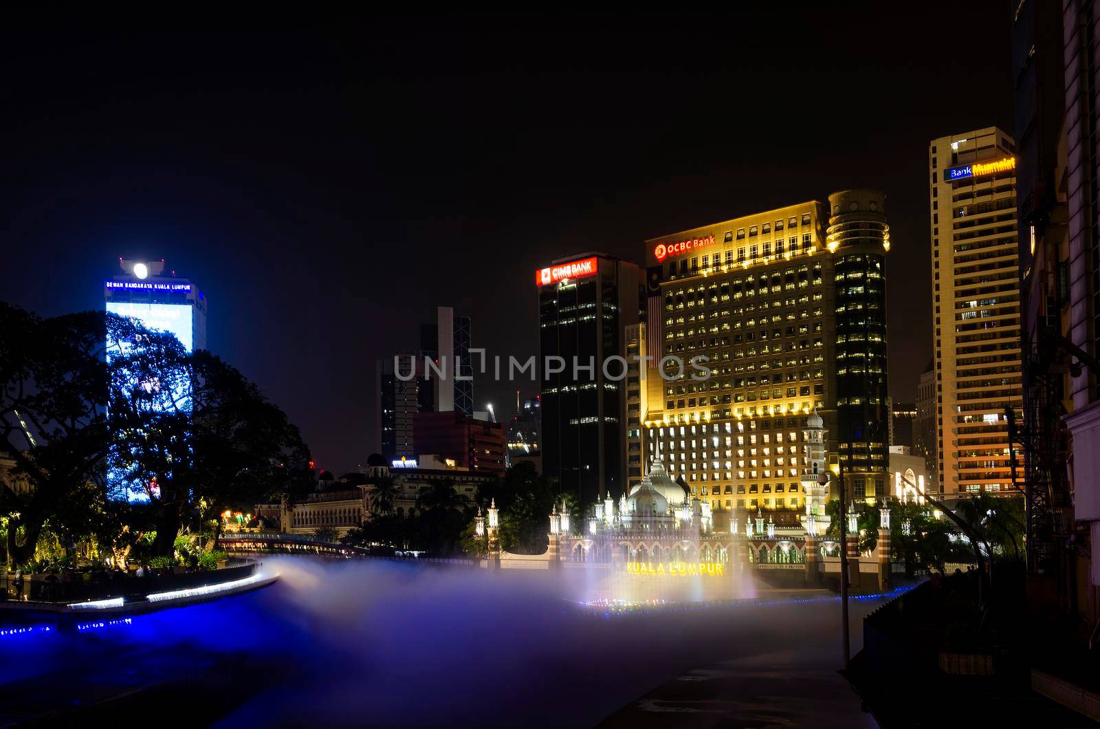 River of Life riverfront area with  Jamek Mosque landmark in central Kuala Lumpur city Malaysia at night