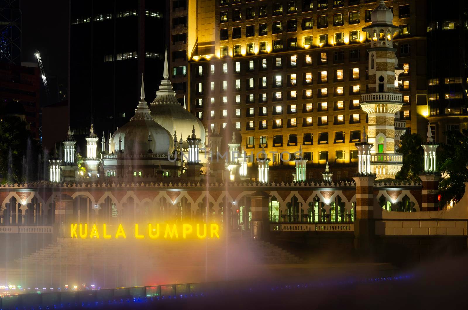 Jamek Mosque landmark in River of Life area of Kuala Lumpur city Malaysia at night