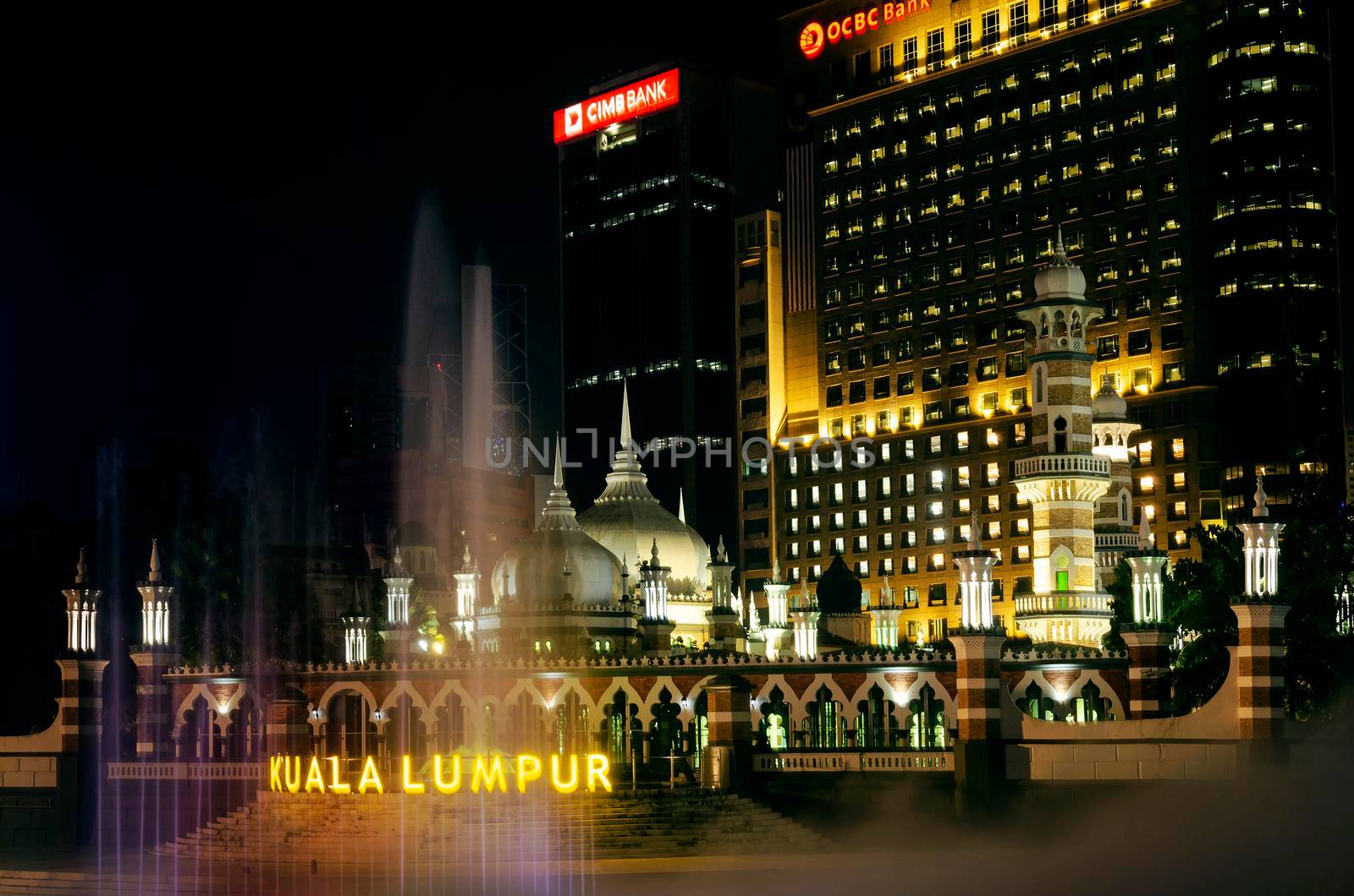 Jamek Mosque landmark in River of Life area of Kuala Lumpur city Malaysia at night