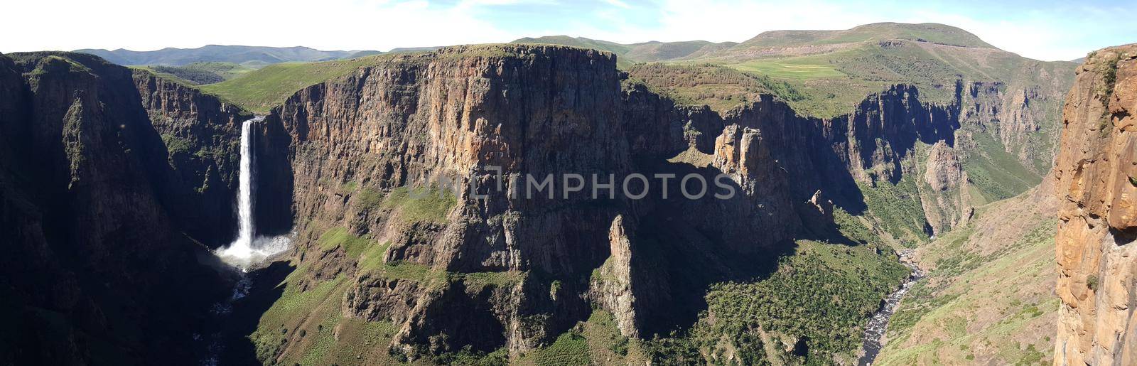 Panoramic scenery of the Maletsunyane Falls  by traveltelly