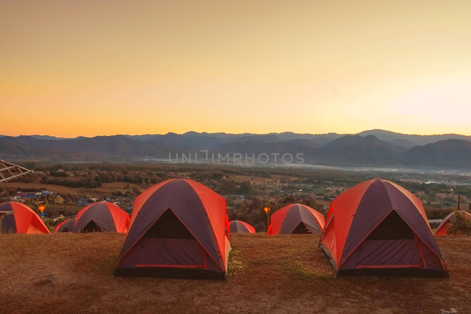 Sunrise and camping at Lai Viewpoint in Pai district, Mae Hong Son province, Thailand.