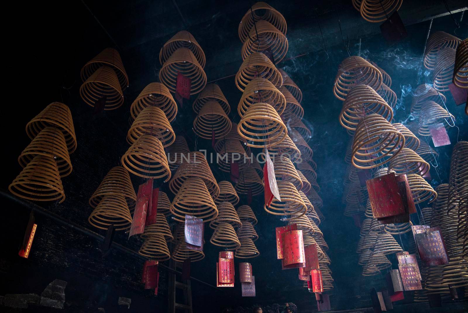 traditional  burning incense coils inside chinese a-ma buddhist temple in macau china