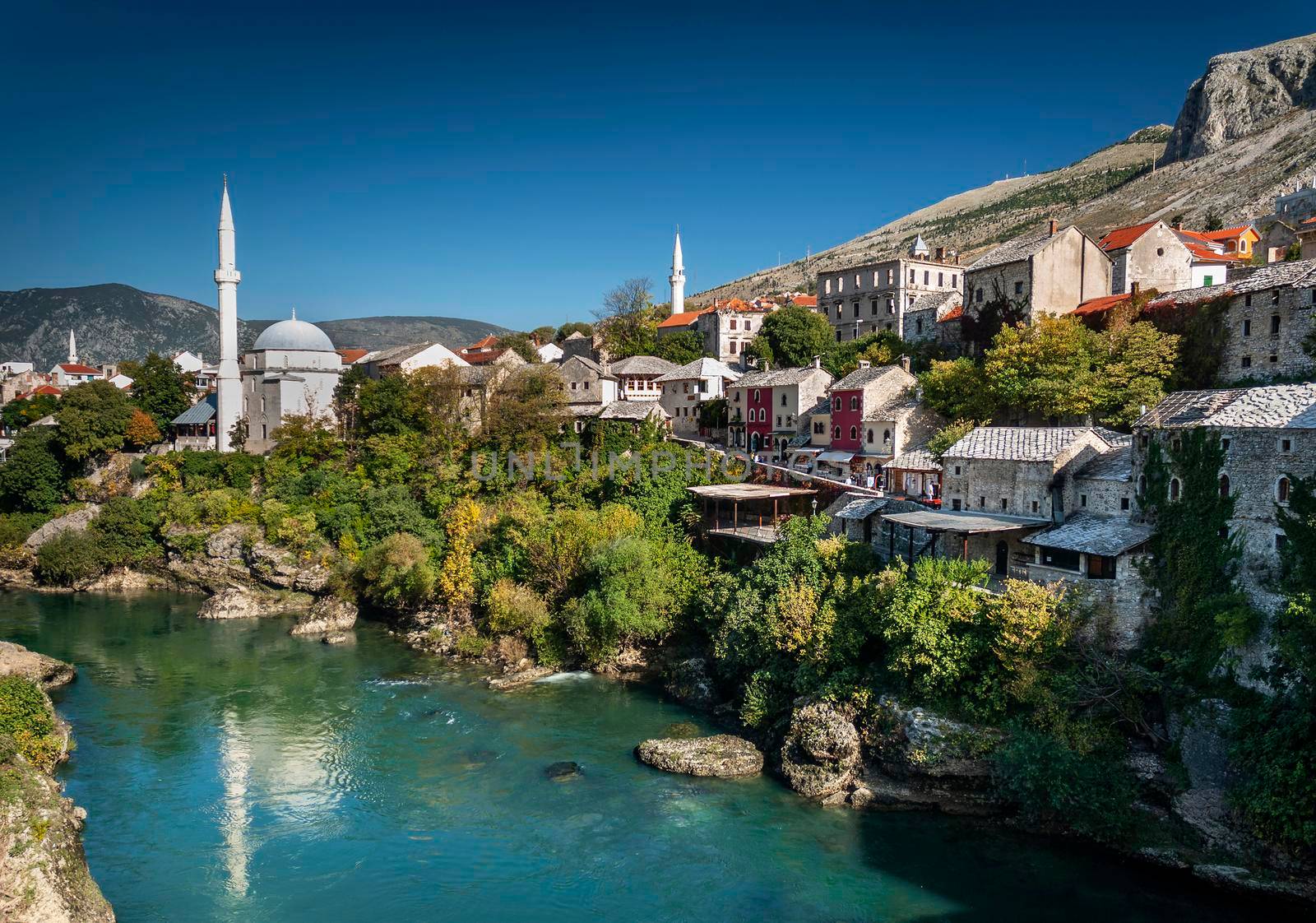neretva river and mosque in old town of mostar bosnia