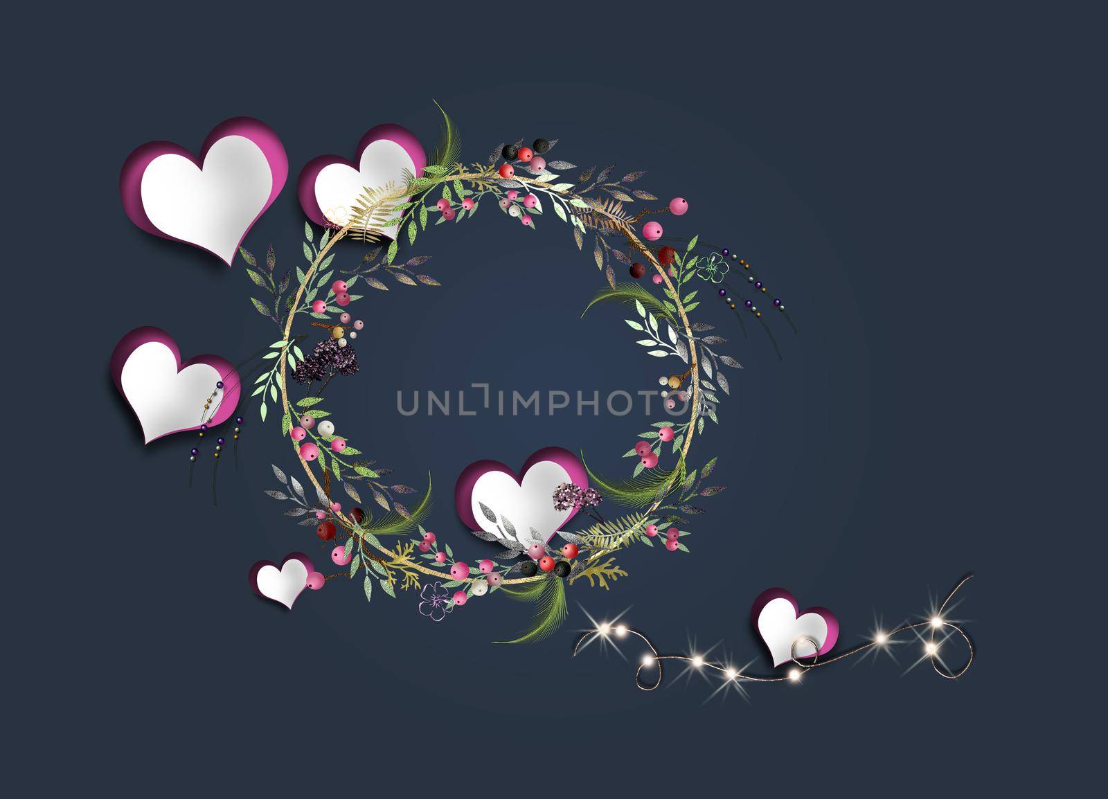 Love card design with paper hearts, floral wreath on blue background. Valentines card. Modern elegant trendy design for love card. 3D illustration