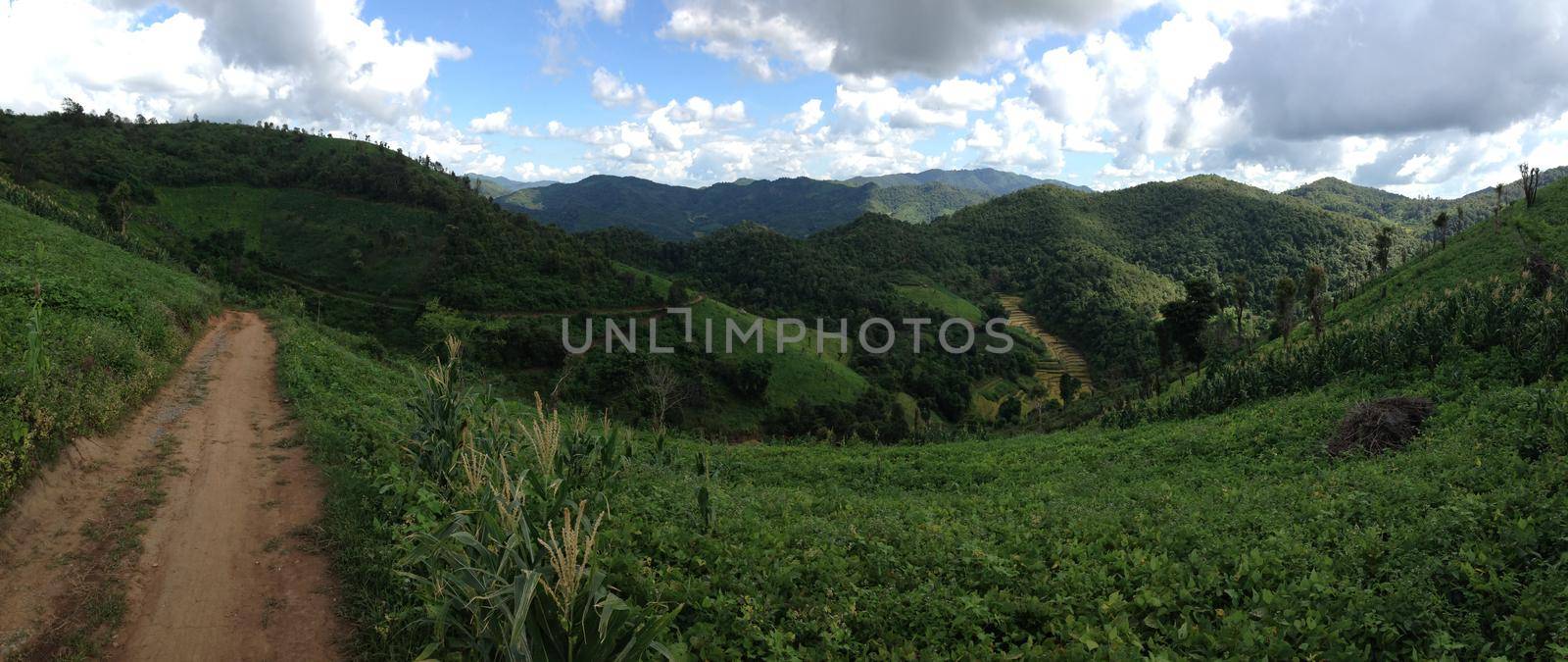 Path through the a mountain landscape in the hills of Northern Thailand