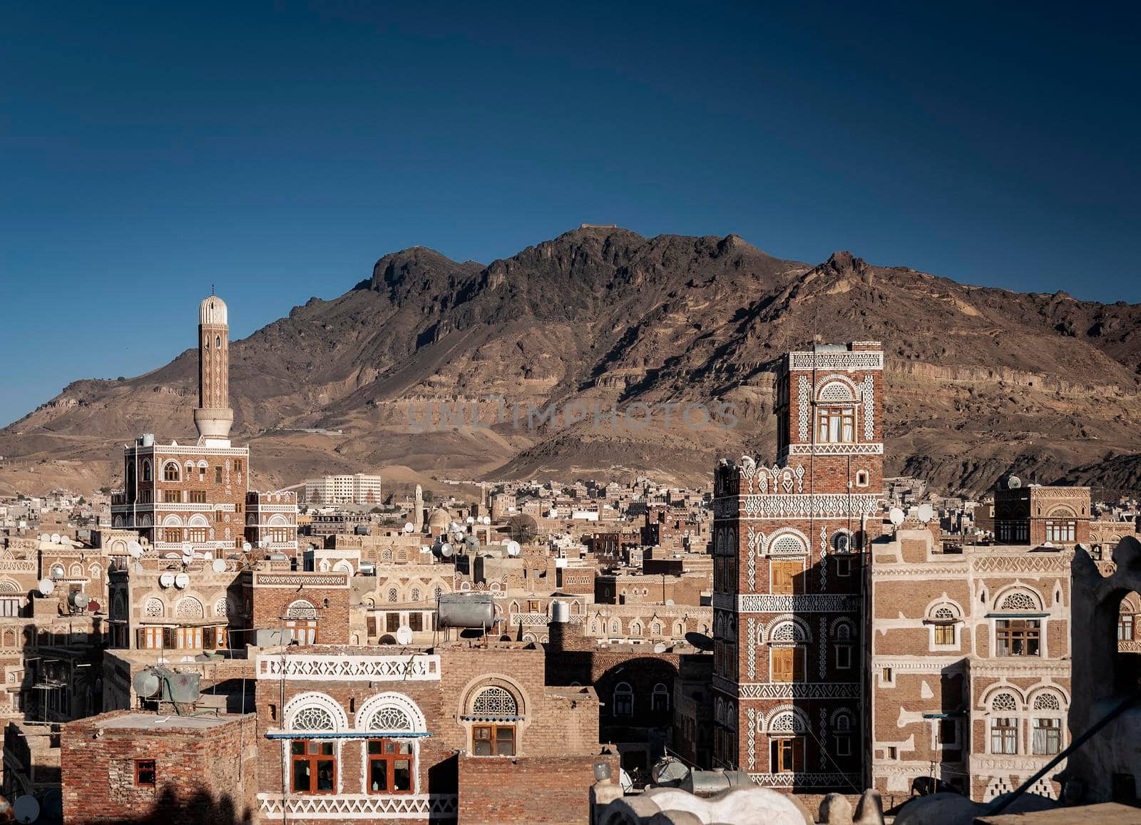 view of sanaa city old town architecture skyline in yemen by jackmalipan